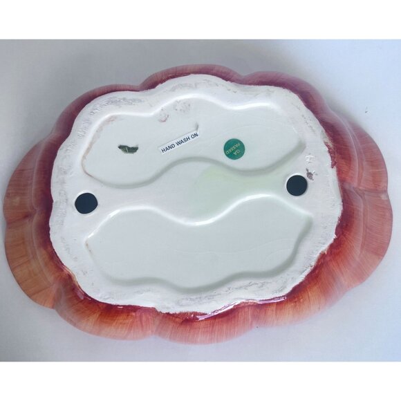 Fall-Themed Ceramic Serving Bowl Hand-Painted Pumpkin Corn & Eggplant Cornucopia - Picture 3 of 9